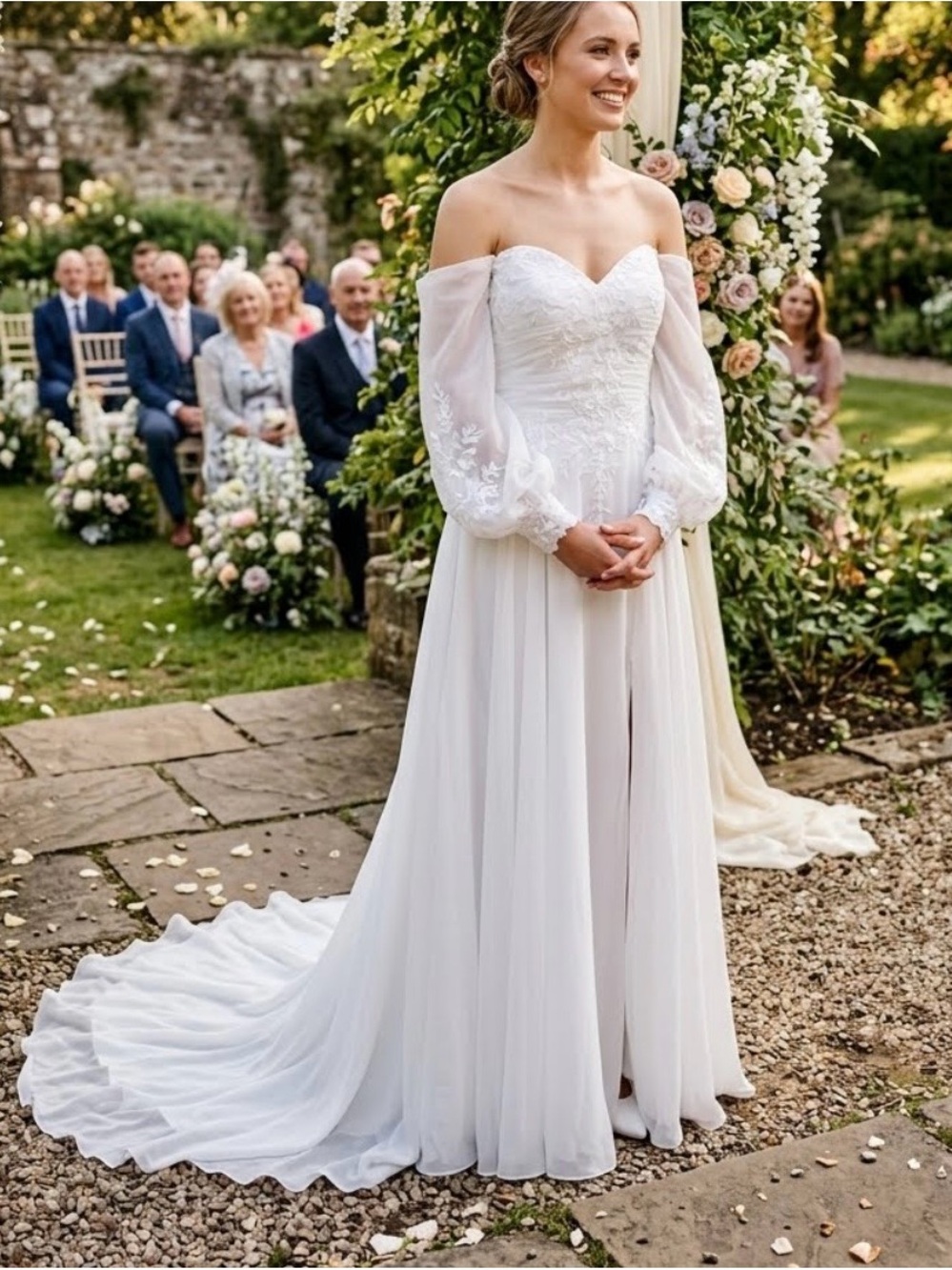 Off-Shoulder Lace Bodice Wedding Dress